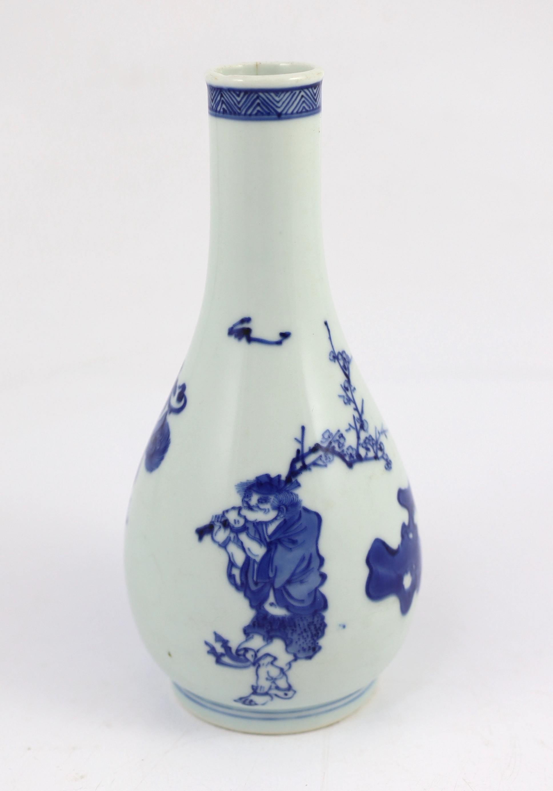 A Chinese blue and white ‘Zhong Kui’ inscribed bottle vase, early Kangxi period, hairline cracks to neck and inside edge of foot